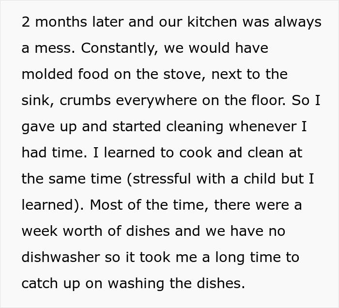 Text discussing a neglected kitchen mess due to chores, leading to frustrations in a relationship.