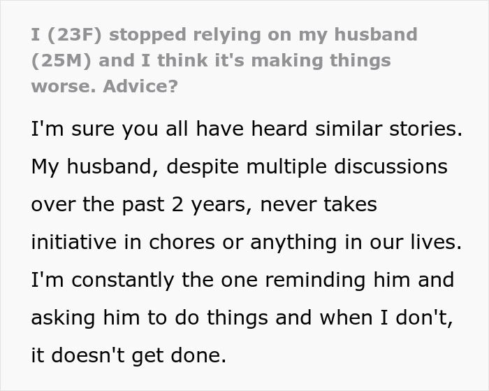 Text about a husband neglecting chores for years and wife's frustration with reminders.