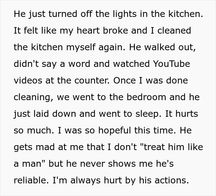 Text detailing a guy's neglect of chores and his wife's emotional response to his behavior.