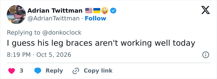 A social media post about Trump's path to Air Force One, mentioning leg braces.