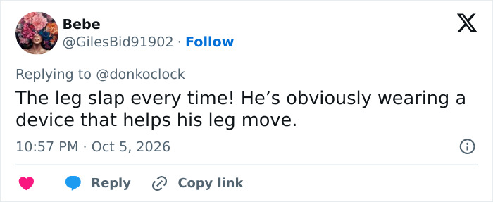 A social media post questioning Trump's path to Air Force One gait with allegations of a leg device.