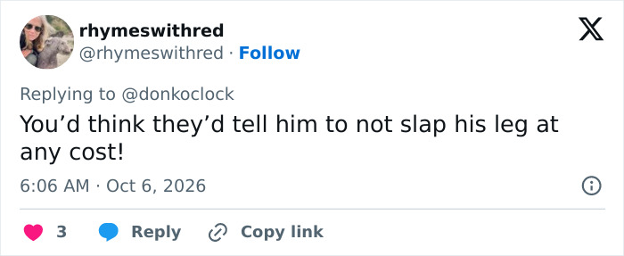 A social media post discussing Trump's path to Air Force One and leg slapping habits.