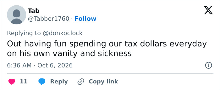A social media post questioning Trump's path to Air Force One and use of tax dollars.