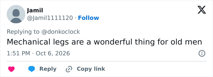 A social media tweet by Jamil about Donald Trump's physical walk and mobility.