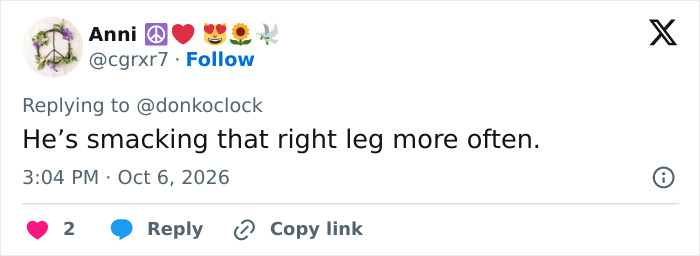 A social media post about Trump's path to Air Force One, noting him smacking his right leg.